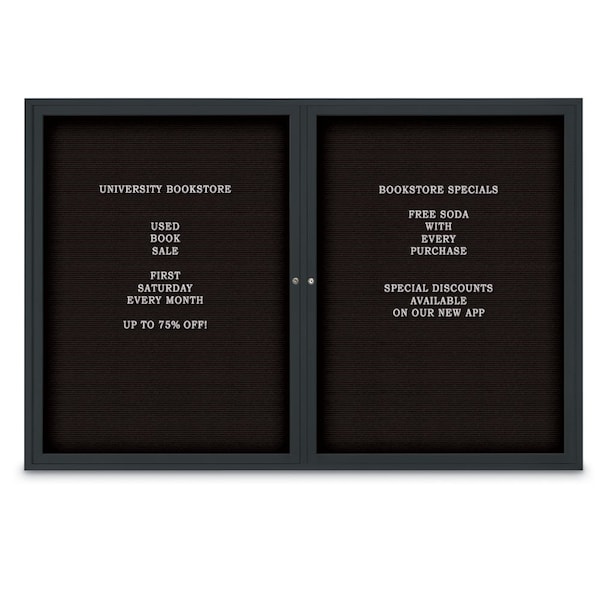 48"x24" 1-Door Enclosed Outdoor Letterboard, Black Felt/Black Alum